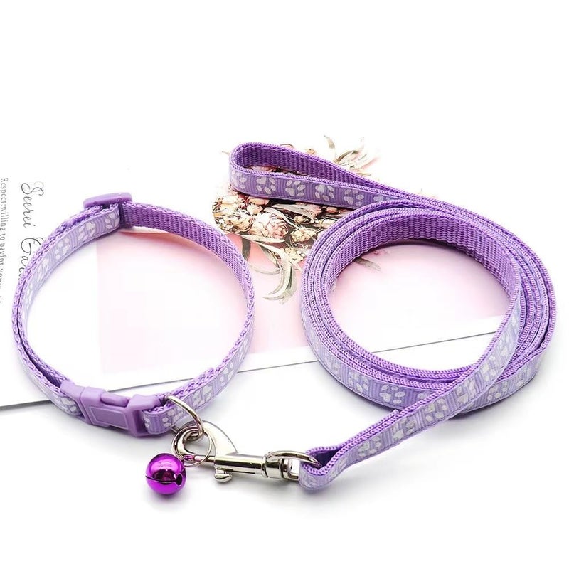 WeimoMonkey XXS Dog Collar with Bell Leash Set, Nylon Basic Reflective Puppy Collars Paw Print for Boys Girls Xs Small Cat Pet Animal Litter Tiny Kitten,Pale Purple - Image 2