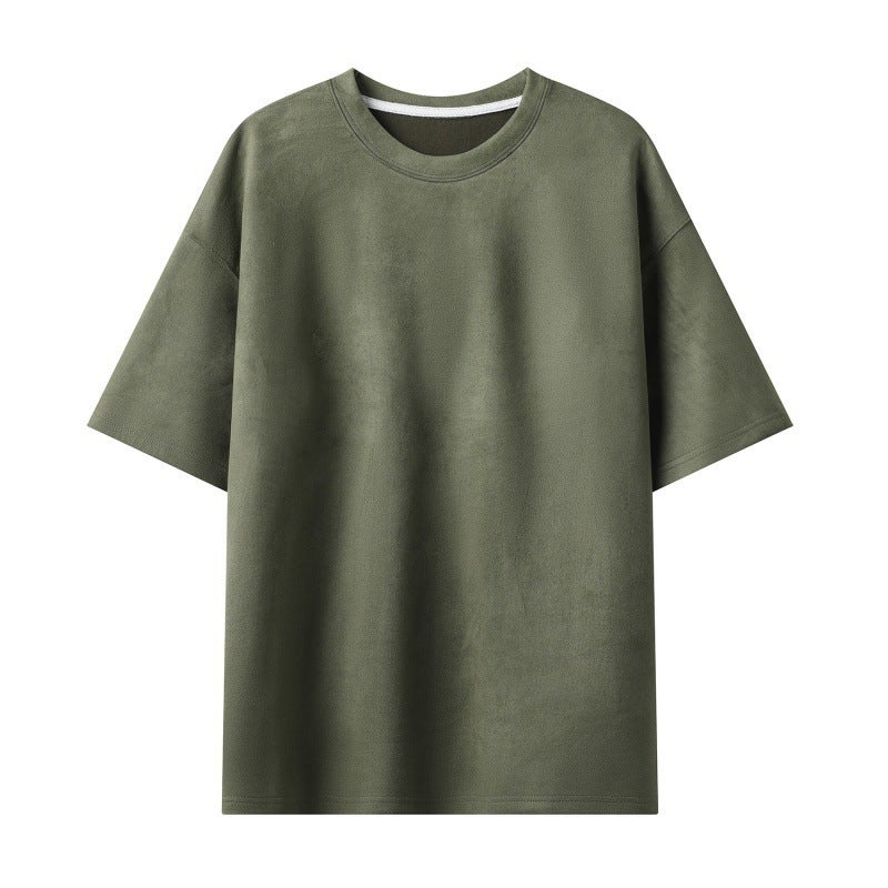 T-Shirt Men'S Men'S Two-Open Solid Color Light Panel Suede Loose Crewneck Pullover Short-Sleeved T-Shirt - Image 1
