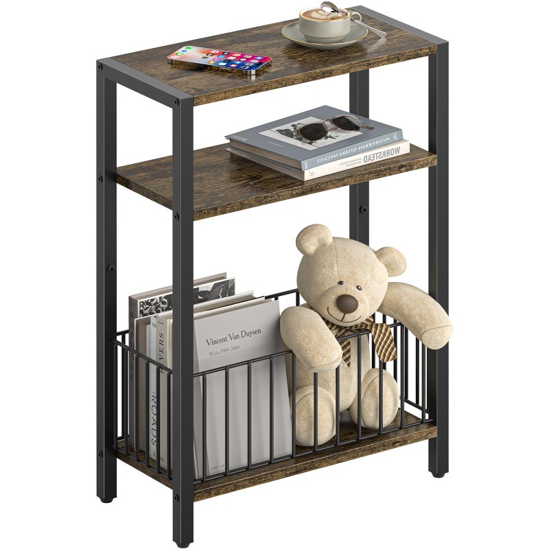 Yoobure Narrow Side Table with Storage Basket, Small End Table for Small Spaces Skinny Side Tables Living Room Bedroom, Slim Nightstand 3 Tier Bedside Table Space-Saving for Magazine, Rustic Brown - Image 1