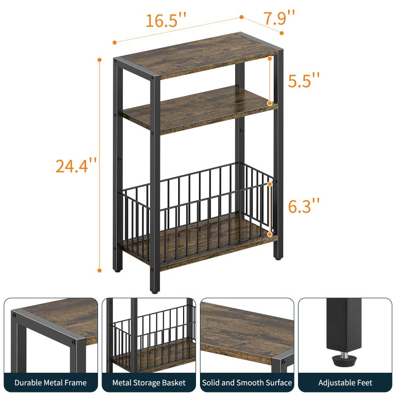 Yoobure Narrow Side Table with Storage Basket, Small End Table for Small Spaces Skinny Side Tables Living Room Bedroom, Slim Nightstand 3 Tier Bedside Table Space-Saving for Magazine, Rustic Brown - Image 3