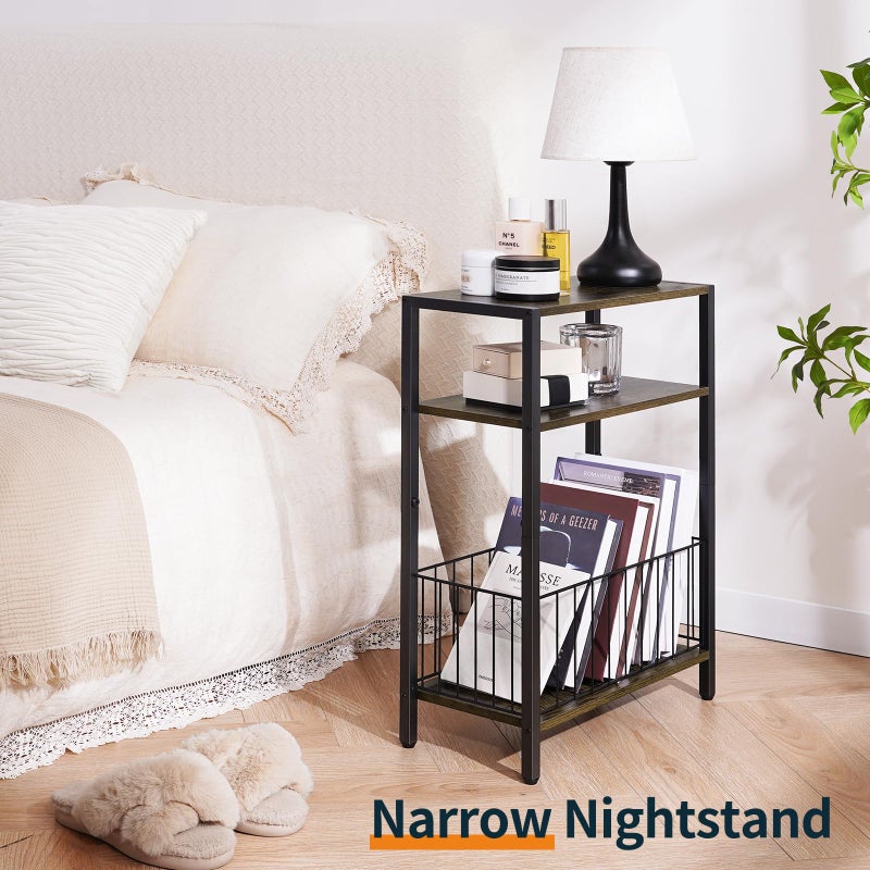 Yoobure Narrow Side Table with Storage Basket, Small End Table for Small Spaces Skinny Side Tables Living Room Bedroom, Slim Nightstand 3 Tier Bedside Table Space-Saving for Magazine, Rustic Brown - Image 5