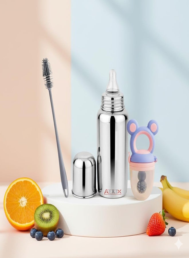 AEREX Stainless Steel Baby Feeding Bottle with Cleaning Brush & Silicone Fruit Nibbler | Insulated Leak-Proof Baby Milk Bottle | Safe BPA-Free Baby Feeding Set for Newborns & Toddlers (Light Pink) - Image 1