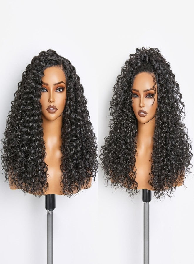 GORGIUS Glueless Water Wave Lace Front Wigs Natural Black Synthetic Curly Wig Pre Cut Pre Plucked Side Parted Hairline 20 Inch - Image 1