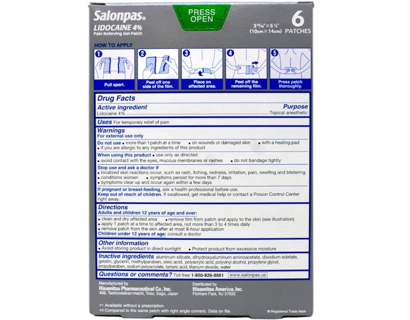 Salonpas LIDOCAINE Special 6 Pack Pain Relieving Maximum Strength Gel Patch! - Image 4