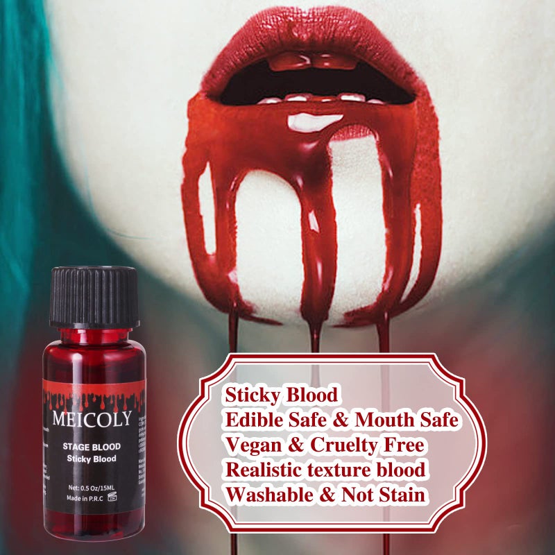 MEICOLY Fake Blood Washable,Edible Stage Blood with 6 Capsules,0.5 Oz Realistic Drips Sticky Fake Blood with Brush,Halloween,Cosplay,Wound Bites SFX Makeup,Safe for Mouth,Teeth,Nosebleed,Bright - Image 3