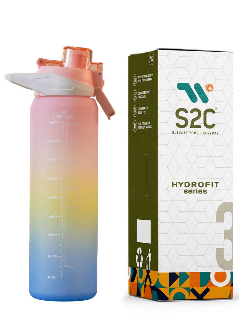 S2C 1Litre Water Bottle For Kids School Motivational Water Bottle 1L Water Bottles With Straw Leak Proof Water Bottle With Time Marker For Sport, School, Gym, Office (Misty Rose) - Image 1