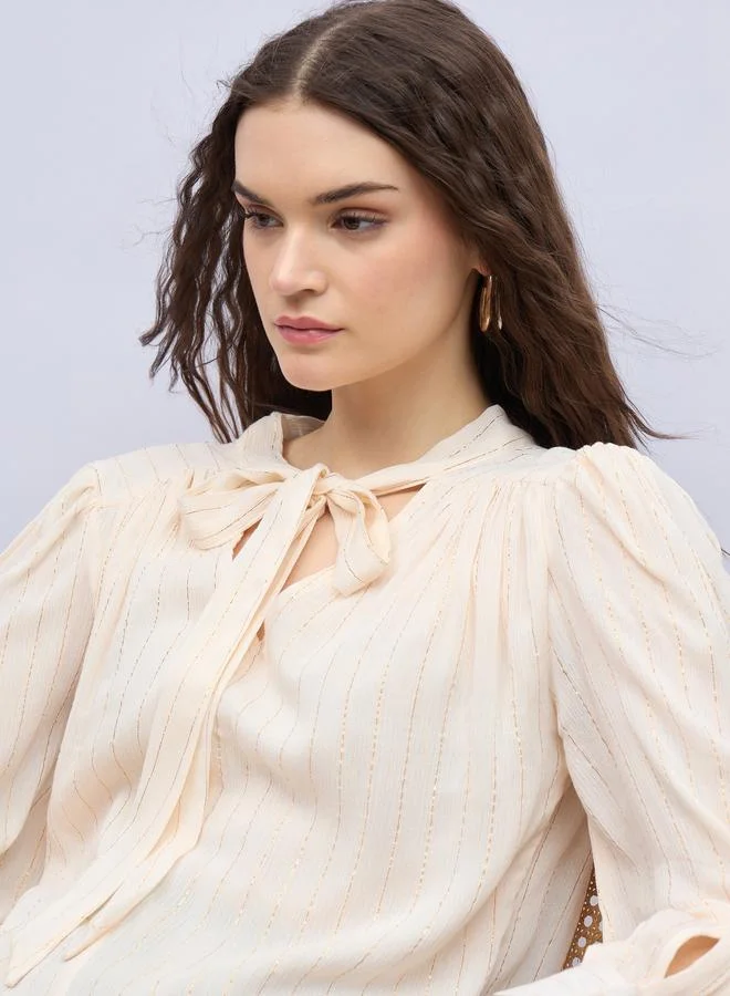 Styli Styli Textures Balloon Sleeve Tie-Up Neck Blouse