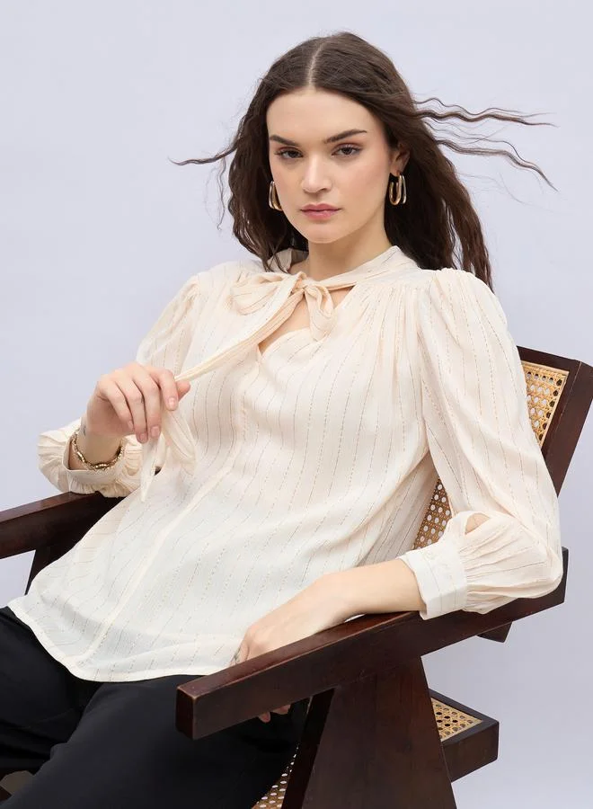 Styli Styli Textures Balloon Sleeve Tie-Up Neck Blouse