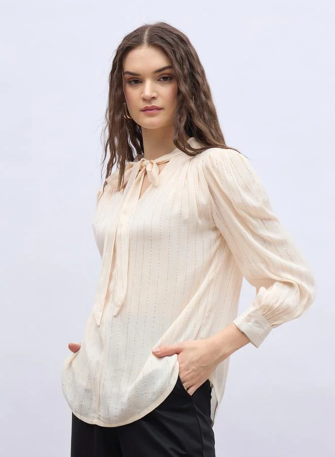 Styli Styli Textures Balloon Sleeve Tie-Up Neck Blouse