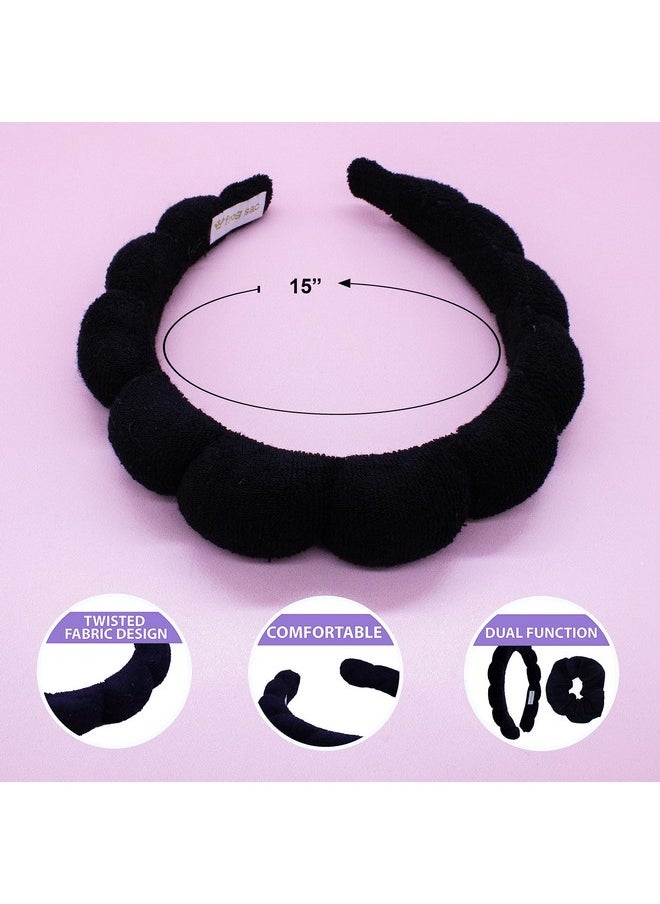 FROG SAC FROG SAC Puffy Spa Headband and Wristbands for Face Washing, Skincare Headbands for Women, Terry Cloth Makeup Skin Care Headbands for Girls, Bubble Make Up Hair Accessories (Black)  - Image 5