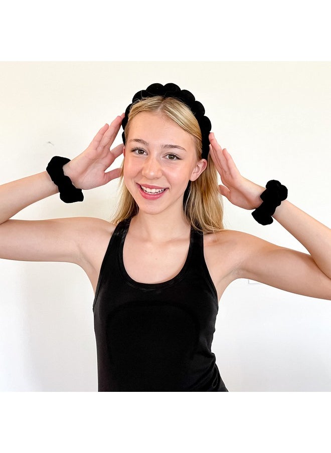 FROG SAC FROG SAC Puffy Spa Headband and Wristbands for Face Washing, Skincare Headbands for Women, Terry Cloth Makeup Skin Care Headbands for Girls, Bubble Make Up Hair Accessories (Black)  - Image 3