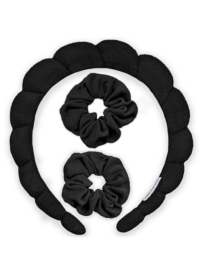 FROG SAC FROG SAC Puffy Spa Headband and Wristbands for Face Washing, Skincare Headbands for Women, Terry Cloth Makeup Skin Care Headbands for Girls, Bubble Make Up Hair Accessories (Black)  - Image 1