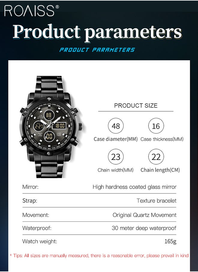 Men's Analog Digital Dual Display Sports Watch Multifunctional 30M Waterproof LED Luminous Stainless Steel Strap Electronic Quartz Wristwatch with Alarm Stopwatch for Outdoor Activities