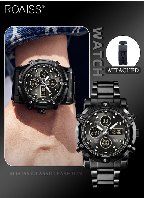 Men's Analog Digital Dual Display Sports Watch Multifunctional 30M Waterproof LED Luminous Stainless Steel Strap Electronic Quartz Wristwatch with Alarm Stopwatch for Outdoor Activities