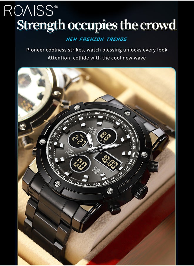 Men's Analog Digital Dual Display Sports Watch Multifunctional 30M Waterproof LED Luminous Stainless Steel Strap Electronic Quartz Wristwatch with Alarm Stopwatch for Outdoor Activities