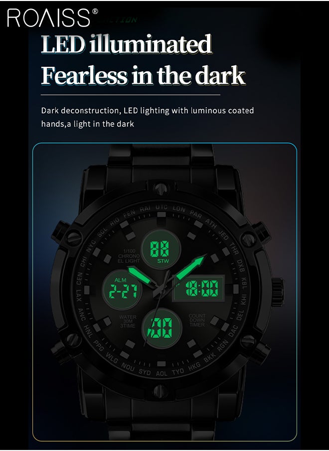 Men's Analog Digital Dual Display Sports Watch Multifunctional 30M Waterproof LED Luminous Stainless Steel Strap Electronic Quartz Wristwatch with Alarm Stopwatch for Outdoor Activities