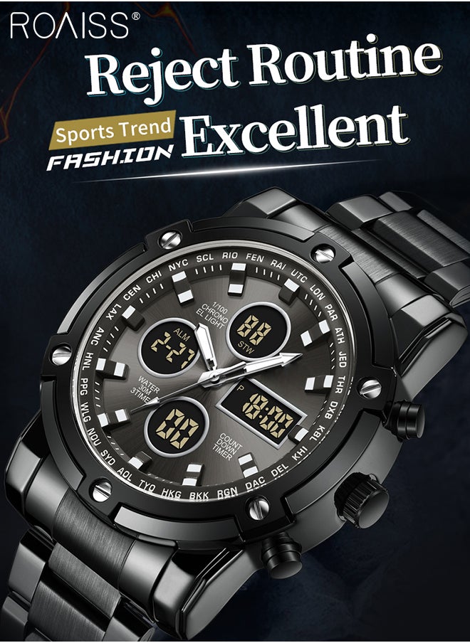 Men's Analog Digital Dual Display Sports Watch Multifunctional 30M Waterproof LED Luminous Stainless Steel Strap Electronic Quartz Wristwatch with Alarm Stopwatch for Outdoor Activities