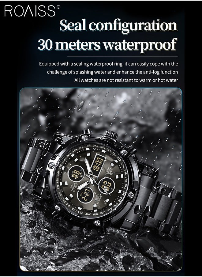 Men's Analog Digital Dual Display Sports Watch Multifunctional 30M Waterproof LED Luminous Stainless Steel Strap Electronic Quartz Wristwatch with Alarm Stopwatch for Outdoor Activities