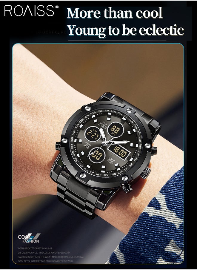Men's Analog Digital Dual Display Sports Watch Multifunctional 30M Waterproof LED Luminous Stainless Steel Strap Electronic Quartz Wristwatch with Alarm Stopwatch for Outdoor Activities