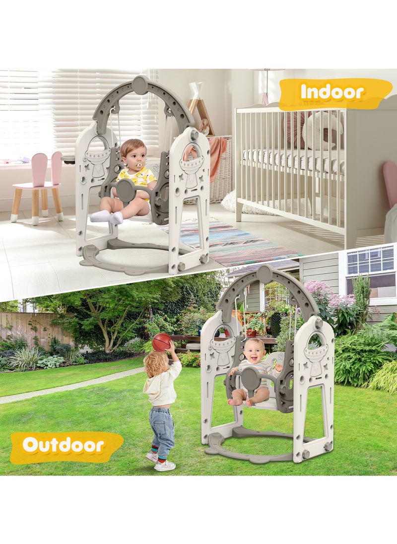 Pokuula Kids Swing with Basketball Hoop - 3 Adjustable Heights Safety Design (0-8 Years), T-Bar Handles & Arc Base, White Indoor Outdoor Swing Set  - Image 5