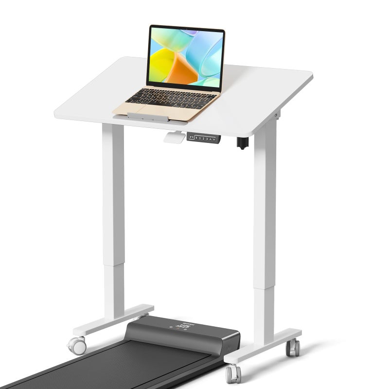 JYLH JOYSEEKER Small Electric Standing Desk with 90 Tiltable Board 35 x 20 Whole Piece Height Adjustable Sit Stand Table with Lockable Wheels Foldable Mobile Workstation for Home Office White