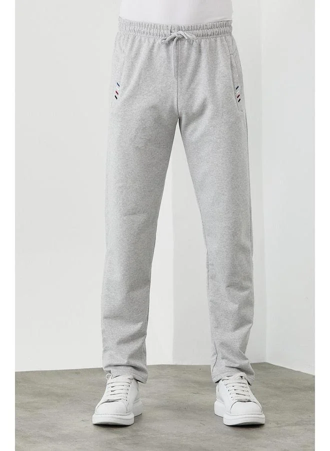 Gray Men's Sweatpants with Zipper Pocket and Embroidery Detail, Straight Leg, Relaxed Fit.