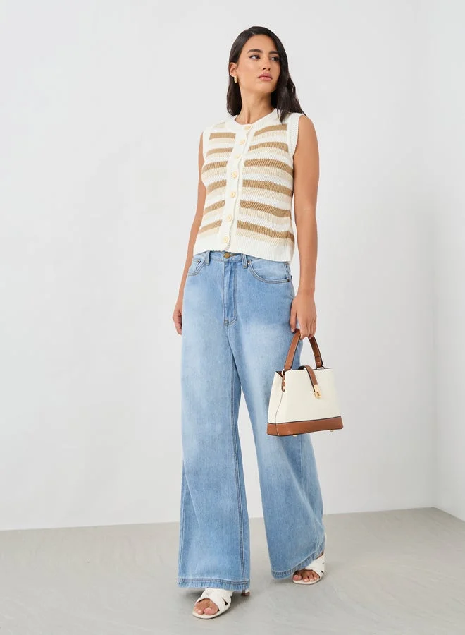 Styli Round Neck Striped Buttoned Knitted Vest