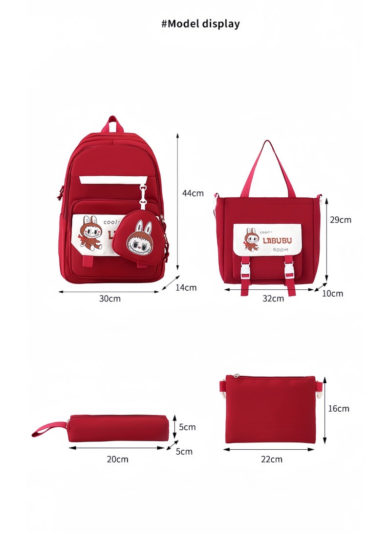 لابوبو حقيبة مدرسية Labubu حقيبة ظهر نسائية لطالبات الجامعات وطلاب المدارس الثانوية حقيبة ظهر جديدة كبيرة السعة لطلاب الفصول الدراسية المكونة من أربع قطع - Image 3