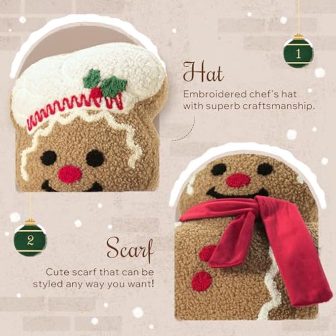 Phantoscope Gingerbread Merry Christmas Throw Pillow, Plush Teddy Xmas Gingerbread Santa Claus Shaped Pillows Christmas Decorative Pillow For Couch Living Room Bed, Beige, 20 X 16.5 Inches - Image 2