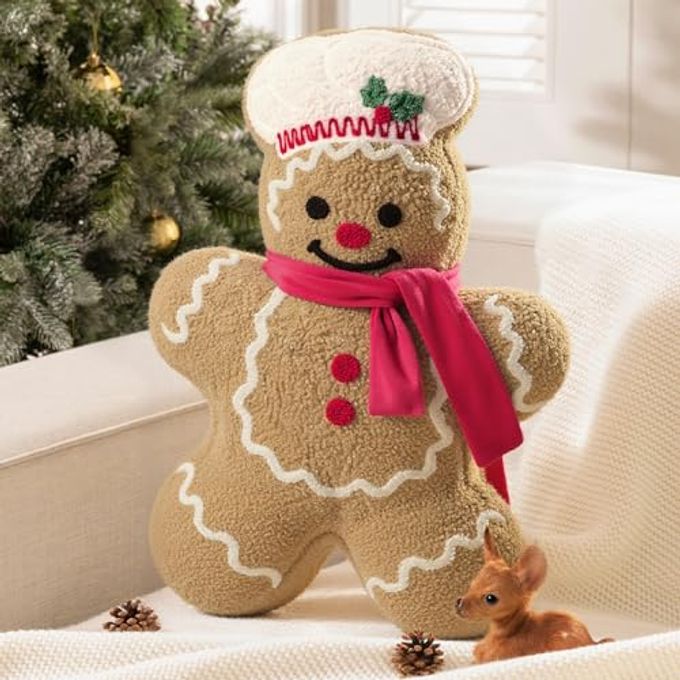 Phantoscope Gingerbread Merry Christmas Throw Pillow, Plush Teddy Xmas Gingerbread Santa Claus Shaped Pillows Christmas Decorative Pillow For Couch Living Room Bed, Beige, 20 X 16.5 Inches - Image 4