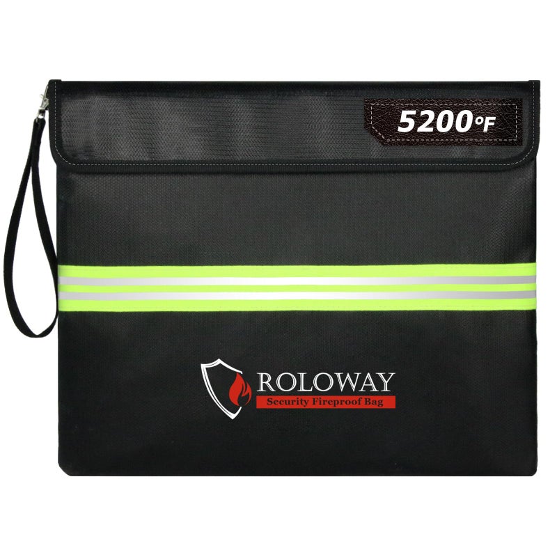 ROLOWAY Fireproof Document Bag 14 x 11 inch with 5200 Upgraded Aluminum Foil Layer Fireproof Bag for Documents with Reflective Strip and Zipper Black