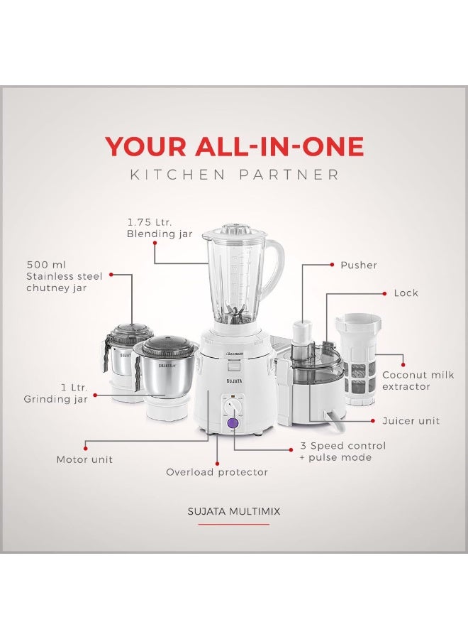 سوجاتا Sujata Multimix Juicer Mixer Grinder|900 Watts Double Ball Bearing Motor|22000 RPM|Non-Stop 90 Mins Running|3 Jars including 1750ml Blender with Coconut Milk Extractor,1000ml, 500ml Jar| (White) - Image 3