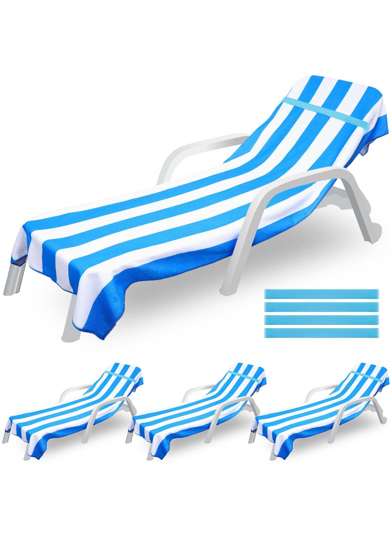 Oudain 4 Pieces Pool Chaise Lounge Towel Covers with Towel Bands 32 x 82 Inch Microfiber Chaise Chair Towel Cover Blue and White Stripe Towel for Summer Lounger Sunbathing Hotel Outdoor 