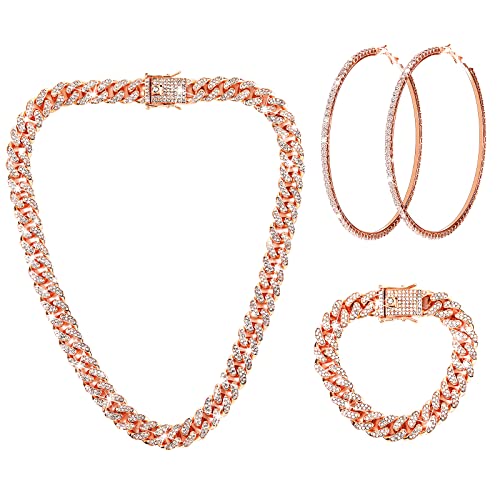 Batiyeer 3 Pcs Cuban Link Chain Necklace Bracelet Rhinestone Hoop Earrings Bling Crystal Hip Hop Jewelry for Women20 InchRose Gold - Image 1