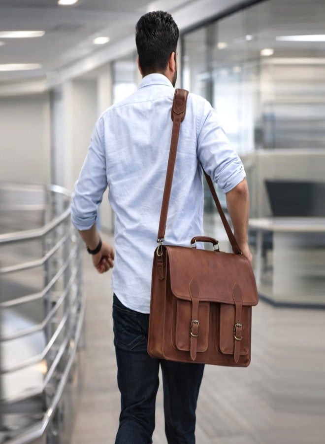 HLC 17.5 Inch Men’s Buffalo Leather Laptop Messenger Bag with Padded Laptop Sleeve, Rustic Brown Full Grain Office Shoulder Bag with Multiple Compartments, Professional Crossbody Briefcase for Travel - Image 2