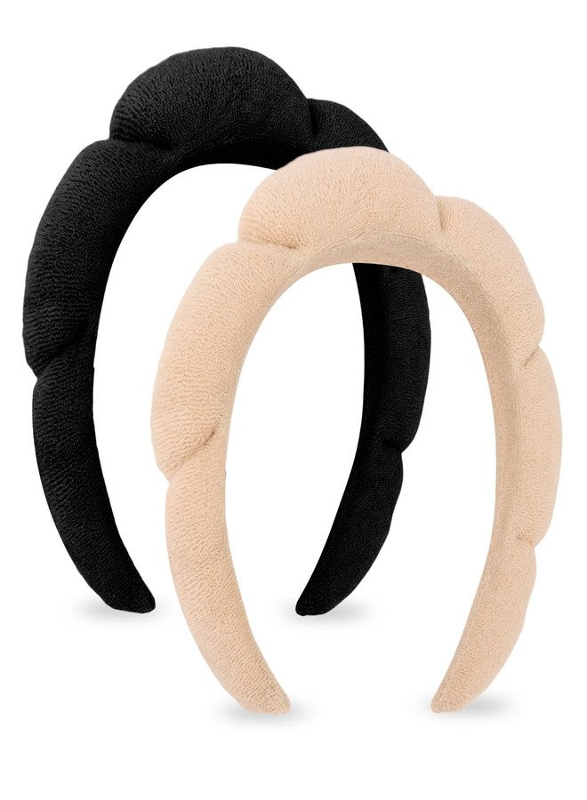 كافتي طوق رأس CAVETEE لغسل الوجه - طقم طوق رأس منفوخ من قماش تيري للمكياج مكون من قطعتين (بيج وأسود، مقاس واحد) - Image 1