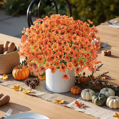 Uieke 16 Bundles Artificial Fall Flowers No Fade Faux Autumn Plants, Fake Indoor Outdoor Greenery for Thanksgiving Table Centerpiece Christmas Wedding Party Home Garden Fireplace Décor (Orange) - Image 3