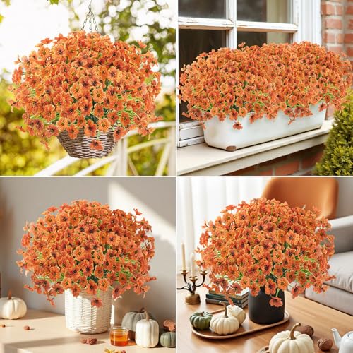 Uieke 16 Bundles Artificial Fall Flowers No Fade Faux Autumn Plants, Fake Indoor Outdoor Greenery for Thanksgiving Table Centerpiece Christmas Wedding Party Home Garden Fireplace Décor (Orange) - Image 2