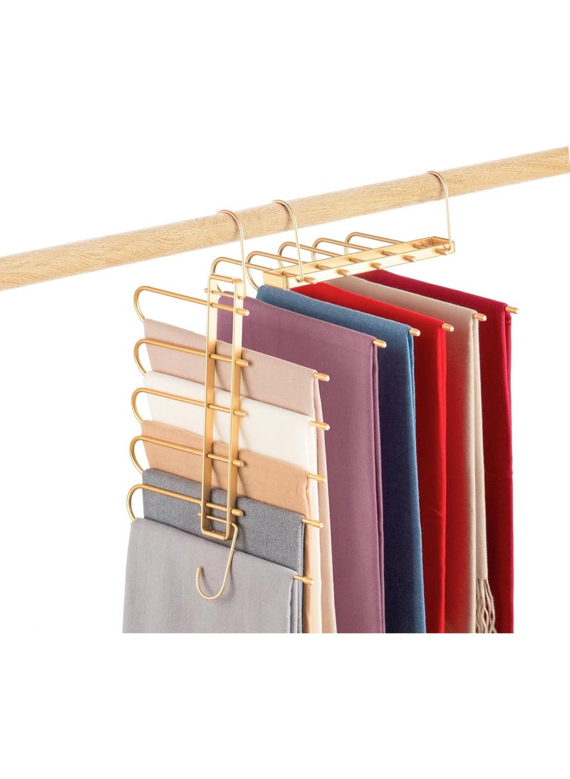 Pants Hangers Space Saving Closet Hangers 5 Layers 2 Uses Multi Functional Pants Rack,Metal Heavy Duty Wardrobe Organizer Racks for Clothes Trousers Scarves Ties (Gold) - Image 1