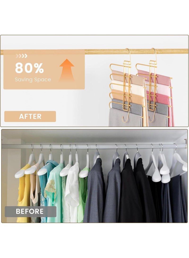 Pants Hangers Space Saving Closet Hangers 5 Layers 2 Uses Multi Functional Pants Rack,Metal Heavy Duty Wardrobe Organizer Racks for Clothes Trousers Scarves Ties (Gold) - Image 2
