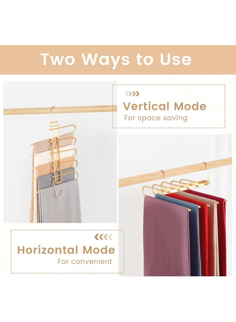 Pants Hangers Space Saving Closet Hangers 5 Layers 2 Uses Multi Functional Pants Rack,Metal Heavy Duty Wardrobe Organizer Racks for Clothes Trousers Scarves Ties (Gold) - Image 3