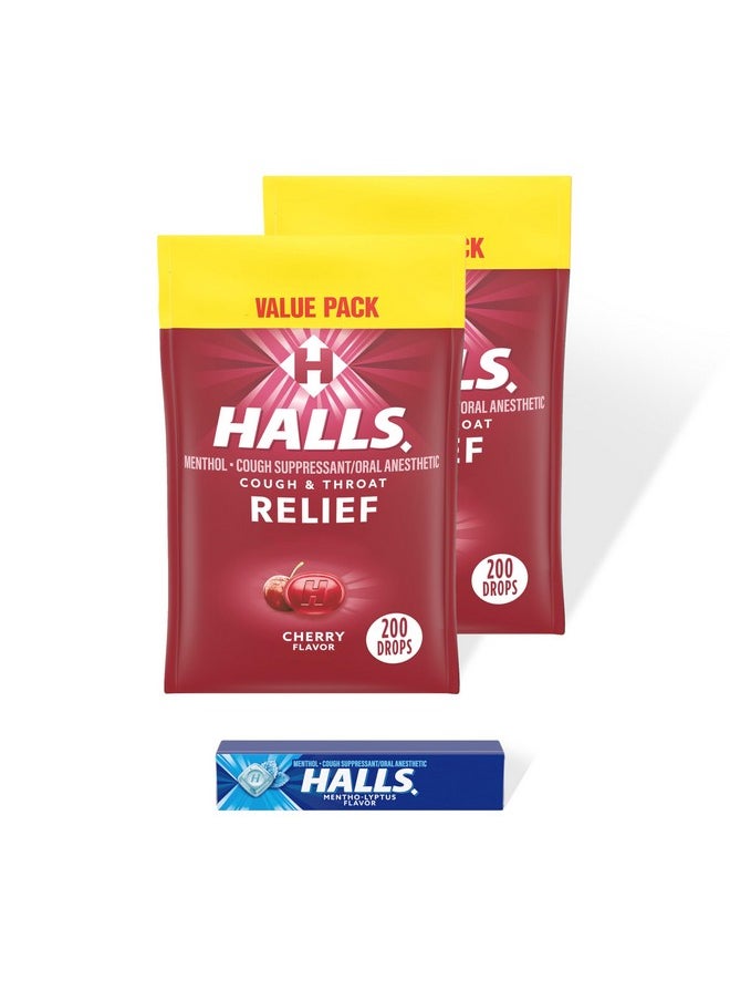 Halls HALLS Relief Cherry Cough Drops, 2 Value Packs of 200 Drops (400 Total Drops) + Bonus 9 Count HALLS Relief Mentho-Lyptus Cough Drops  - Image 2