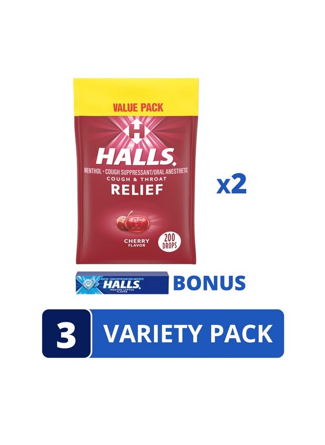 Halls HALLS Relief Cherry Cough Drops, 2 Value Packs of 200 Drops (400 Total Drops) + Bonus 9 Count HALLS Relief Mentho-Lyptus Cough Drops  - Image 3