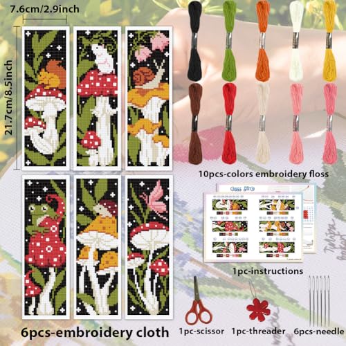 ACRNIGHEET 6PCS Cross Stitch Bookmark Kit for Beginner Stamped Cross Stitch Kits for Adults Mushroom DIY Embroidery Bookmark Kits Needlepoint Kit with Instructions Hand Craft Gift 8.5''x3'' 11CT - Image 2