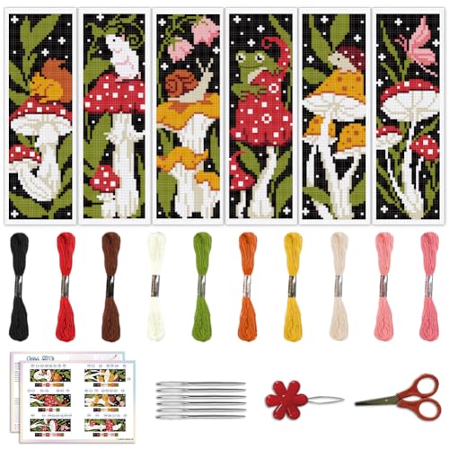 ACRNIGHEET 6PCS Cross Stitch Bookmark Kit for Beginner Stamped Cross Stitch Kits for Adults Mushroom DIY Embroidery Bookmark Kits Needlepoint Kit with Instructions Hand Craft Gift 8.5''x3'' 11CT - Image 1
