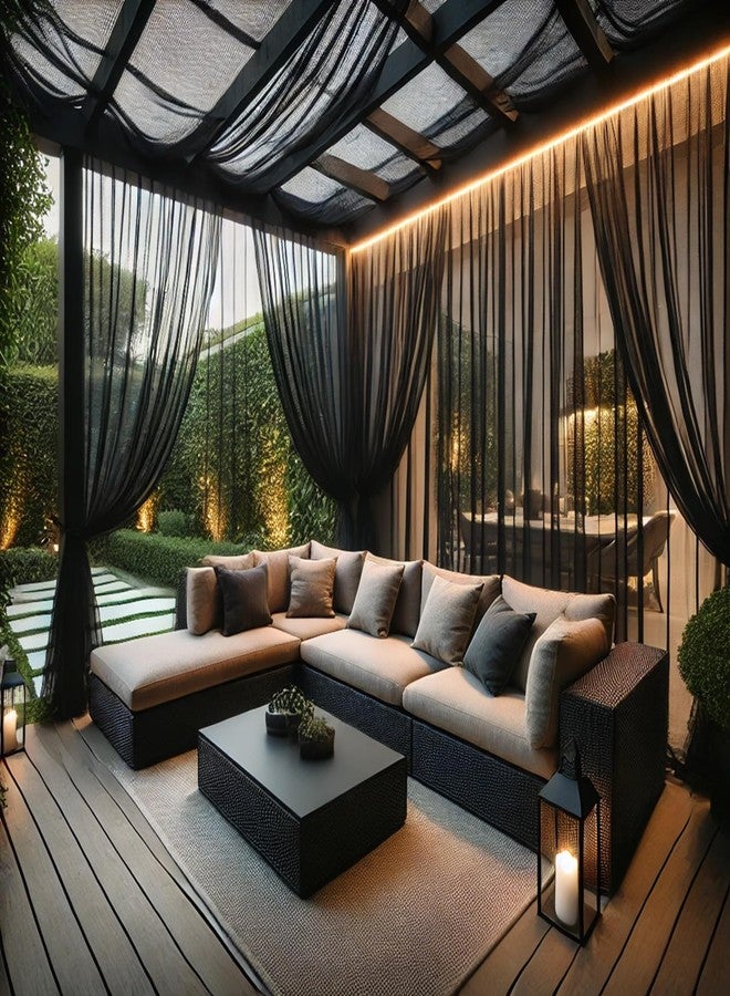 Draphelle Extra Wide Outdoor Curtains Waterproof Black Voile Mesh Screen Lightweight Privacy Bug Netting for Patio Porch Balcony Pergola Terrace, W125 x L98 inch per Panel, 2 Panels - Image 1