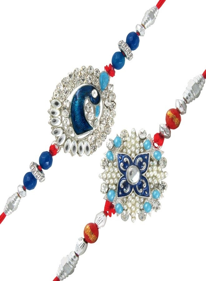 Mahi Rakhi Set for Brother of 2 Blue Mens Designer Rakhi for Bhai/Bhaiya with Pearls & Meena Enamel Work CO1104267R - Image 1