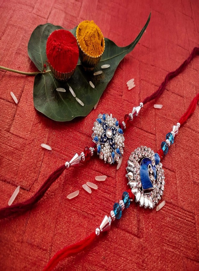 Mahi Rakhi Set for Brother of 2 Blue Mens Designer Rakhi for Bhai/Bhaiya with Pearls & Meena Enamel Work CO1104267R - Image 2
