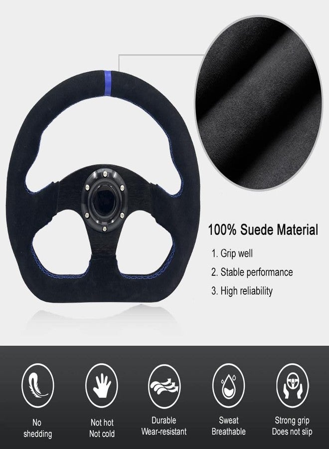 Spaorcco 13" Blue Stripe Steering Wheel Race Style D-Shaped Flat Drift Racing Steering Wheel Suede Leather with Blue Stitch and Horn Button… - Image 2
