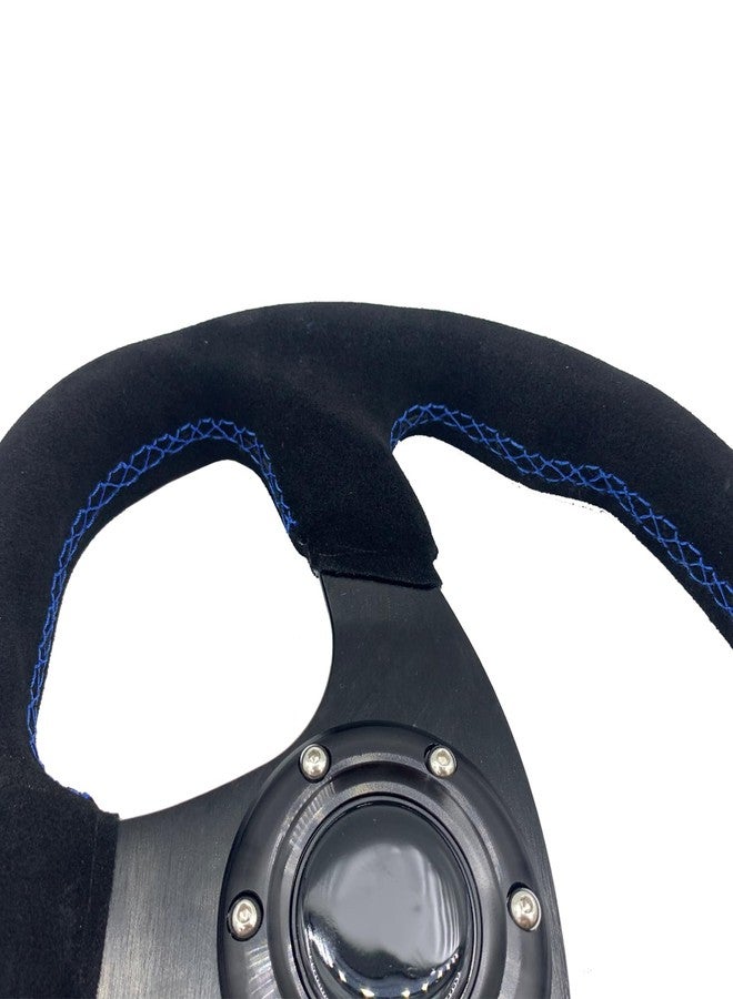 Spaorcco 13" Blue Stripe Steering Wheel Race Style D-Shaped Flat Drift Racing Steering Wheel Suede Leather with Blue Stitch and Horn Button… - Image 3